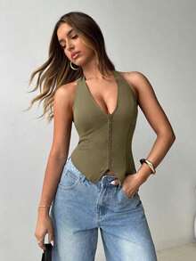 Top halter con cuello en U sexy y diseño abierto en la espalda para mujeres - Verde militar - Ver 4