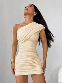 mini ajustado con pliegues de unicolor para mujer, atuendos de verano y club, sexy - Amarillo claro - Ver 4