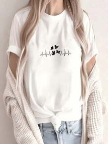 1 Piece Of Beautiful Blouses For Women's Clothing Women's Shirts Butterflies And Heartbeats 180G Black And White T-Shirt, Butterfly Print, High Quality Print, Round Neck, Basic Loose Size, For Men And Women, Breathable, Versatile, Machine Washable, Breathable, Comfortable, Size S ~ 3XL, Daily, Casual, Sports, Essential For Summer. - 白色 - 查看 3