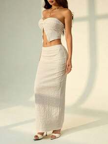 Set de top tubo texturizado de punto beige y shorts para mujer, conjunto de primavera, atuendos para rave y festivales, ropa occidental para mujer, atuendos de playa para mujeres - Albaricoque - Ver 5