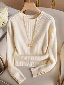 Elegante camiseta de punto de cuello redondo, top de punto minimalista de moda, otoño/invierno - Albaricoque - Ver 1