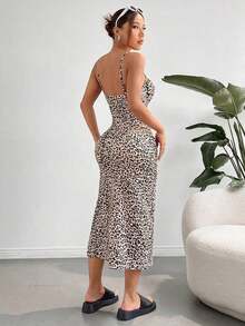 Vestido midi de leopardo con abertura lateral y tirantes - Multicolor 2 - Ver 2