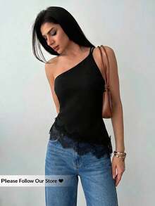 Nueva llegada Primavera/Verano Elegante Top casual de lino color albaricoque con cintura fruncida, bajo asimétrico y espalda descubierta - Negro - Ver 3