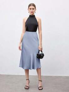 Falda básica de corte A para mujer, adecuada para ir al trabajo, negocios, uso casual, oficina, atuendo formal elegante para damas, otoño - Azul - Ver 1