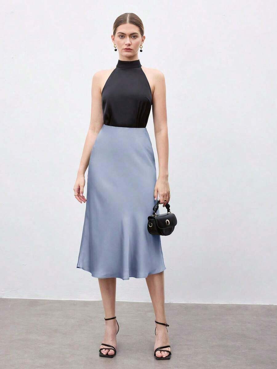 Falda básica de corte A para mujer, adecuada para ir al trabajo, negocios, uso casual, oficina, atuendo formal elegante para damas, otoño - Azul - Ver 1