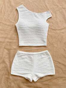 Conjunto de 2 piezas para vacaciones primavera/verano de mujer: Top corto asimétrico de hombro de punto a rayas rojas y blancas y shorts ajustados de tiro súper bajo, adecuado para fiesta, Navidad, San Valentín, cita, playa, crucero, carnaval, Pasc - Blanco - Ver 6