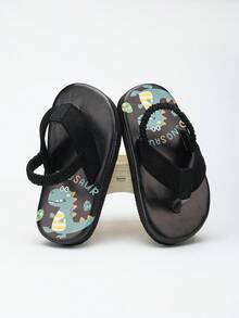 1 Pair Baby Open Toe Breathable Dinosaur Pattern Flip Flops, Kids Outdoor Slip-On Slouchy Sandals - Black - View 1