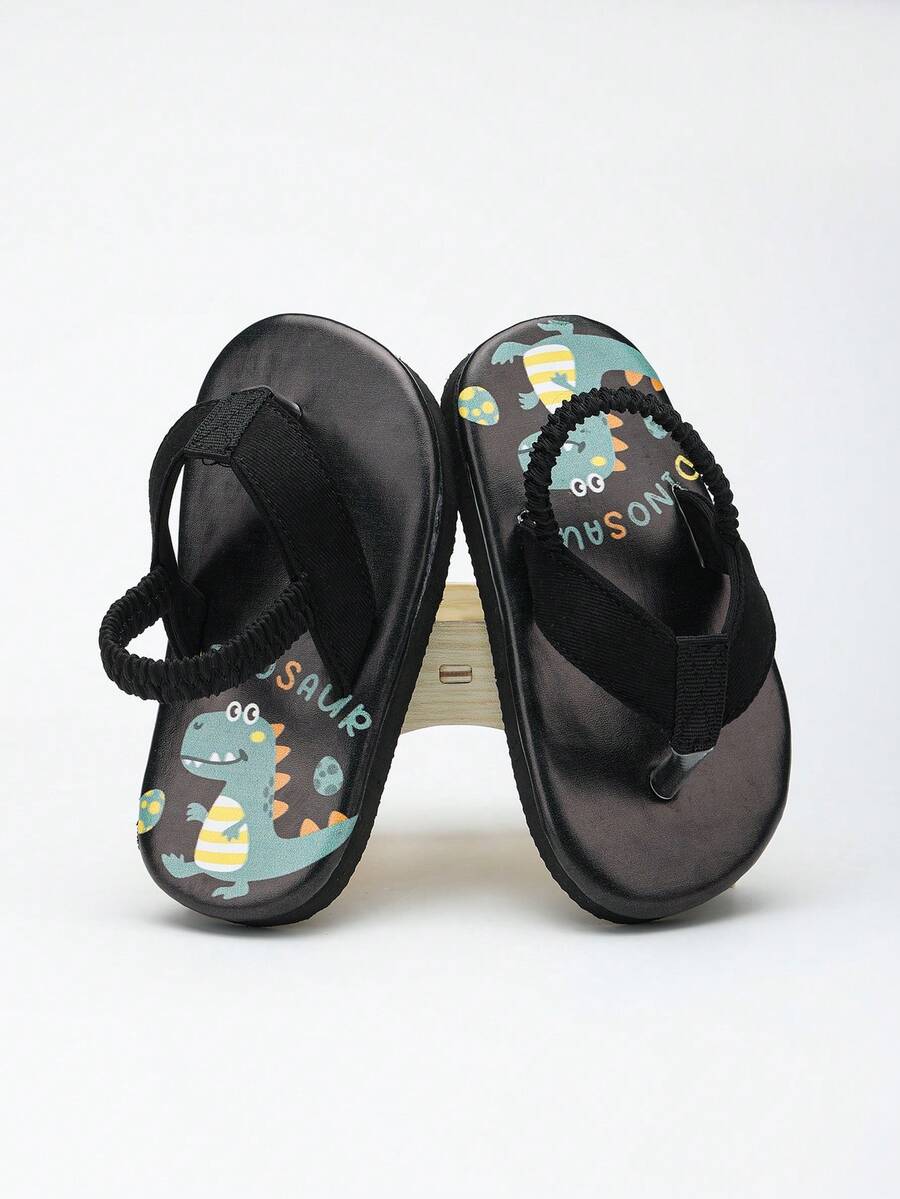 1 Pair Baby Open Toe Breathable Dinosaur Pattern Flip Flops, Kids Outdoor Slip-On Slouchy Sandals - Black - View 1
