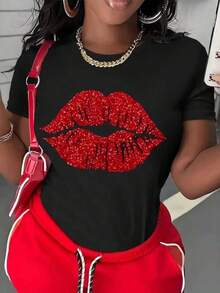 New 2026 Playera con diseño de beso, labios efecto de glitter pero es estampado, playera con tacto algodón, con colores llamativos, ideal para uso diario, moderno, holgado, cuello redondo, manga corta, ideal para ti - Negro - Ver 1