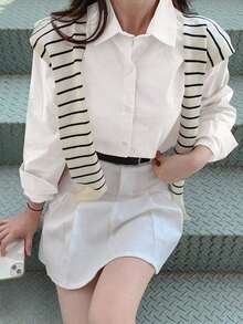 Blusa suelta de unicolor con botones para mujer, de moda para el verano y el otoño, top de manga larga - Blanco - Ver 3
