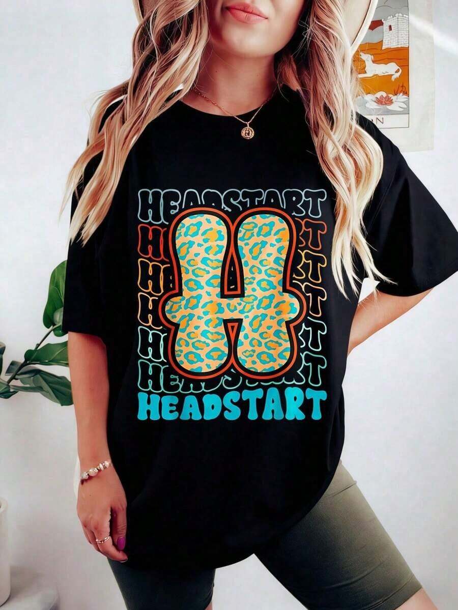 Women's Oversized Cotton Graphic T-Shirt Y2K Streetwear Style - Casual Short Sleeve T-Shirt With HEADSTART Print For Her, Ideal Gift, Round Neck, Youthful And Modern Design, Suitable For Spring, Summer And Autumn. - 黑色 - 查看 1