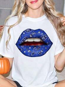 Camiseta de algodón con cuello redondo y estampado de labios estilo bandana azul para mujer, de estilo vintage, con telas suaves y cómodas, sencilla y a la moda, adecuada para ropa deportiva de verano para mujer, suave y ligera, regalo perfecto para un amigo o familiar. Adecuada para primavera, verano y otoño. - Blanco - Ver 7