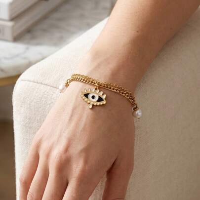 Pulsera de cadena de doble capa con colgante de ojo malvado y perla de acero inoxidable 304 - Joyería de amuleto de moda para mujeres