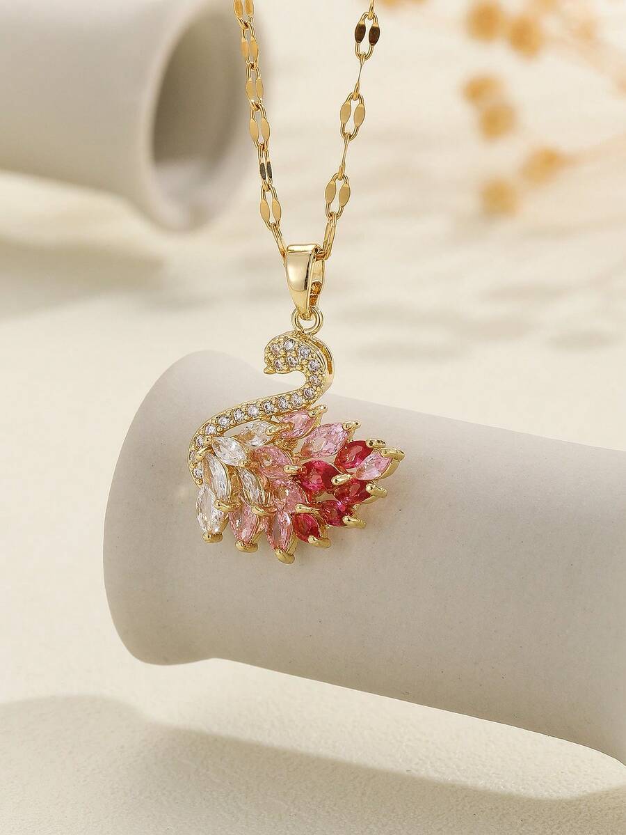 1pc Exquisite Luxury Cubic Zirconia Colorful Swan Gold Pendant Necklace For Women, Suitable For Daily Wear, Dating, Party - Gold - View 1