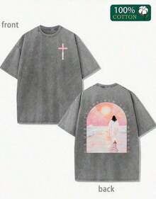Tops de Verano 2026, Estampado Elegante de Cruz y Jesús, Camiseta Lavada con Estilo Retro Urbano.Sencilla y versátil, la camiseta de puro algodón es de alta calidad, novedosa y a la moda, y es un artículo imprescindible en primavera y verano. Holgada y cómoda. - Negro - Ver 6