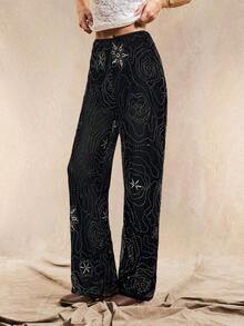 Pantalones rectos holgados de estilo bohemio con patrón de cuentas en color marrón para mujer, de verano - Negro - Ver 5