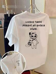 1 Piece Fashion Casual Short Sleeve T-Shirts For Men And Women - Relaxed Cat Print, Don't Want To Go - Spring/Summer Printed T-Shirts For Women, Fashion Item With Comfortable Fit - Versatile, Easy To Match, Suitable For Daily Wear, Street Style, Holiday Wear, Weekend Wear. - 白色 - 查看 1