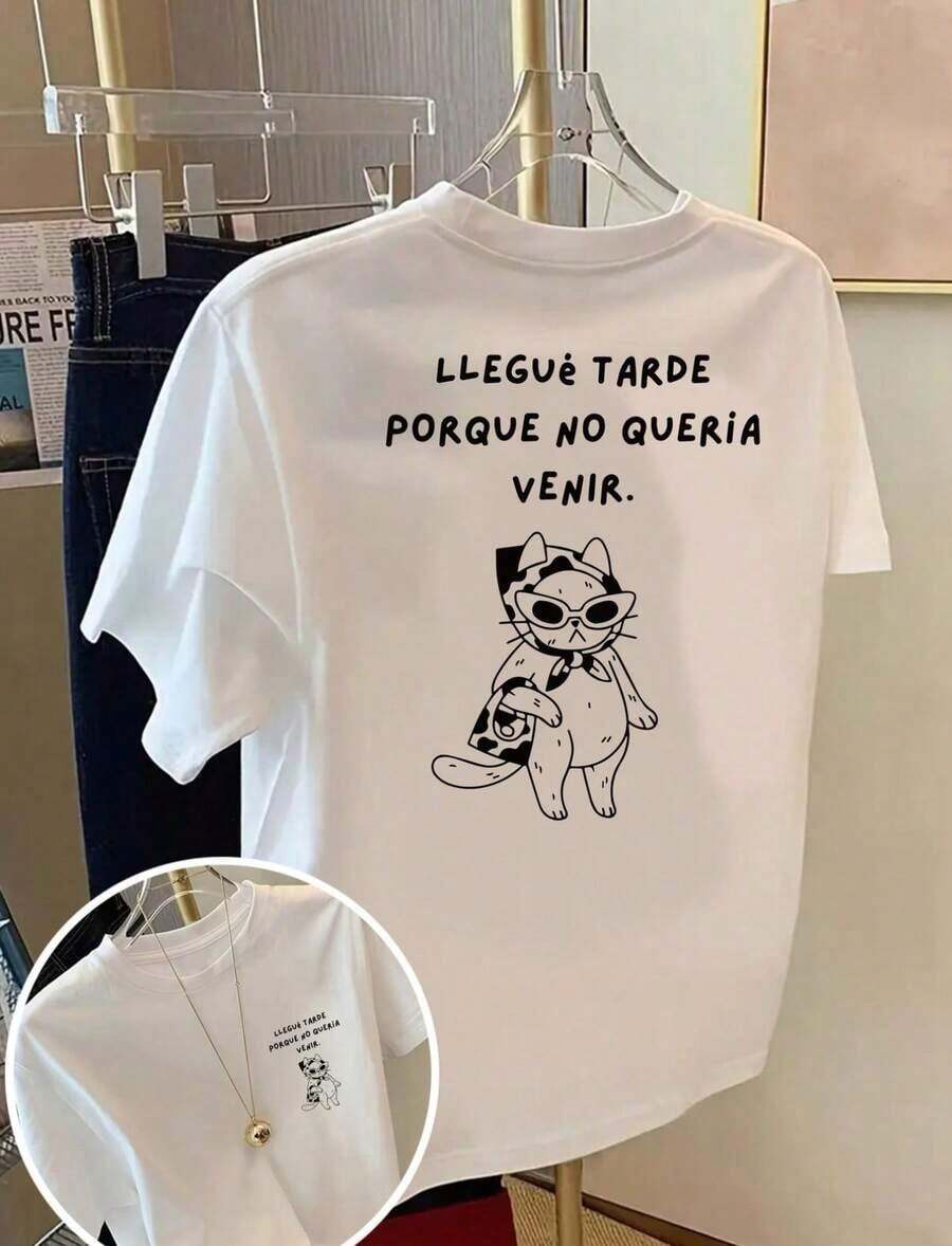 1 Piece Fashion Casual Short Sleeve T-Shirts For Men And Women - Relaxed Cat Print, Don't Want To Go - Spring/Summer Printed T-Shirts For Women, Fashion Item With Comfortable Fit - Versatile, Easy To Match, Suitable For Daily Wear, Street Style, Holiday Wear, Weekend Wear. - 白色 - 查看 1
