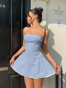 Vestido corto de vacaciones para mujer, de cintura ceñida y volante con estampado vintage a cuadros rojos y blancos - Azul y blanco - Ver 12