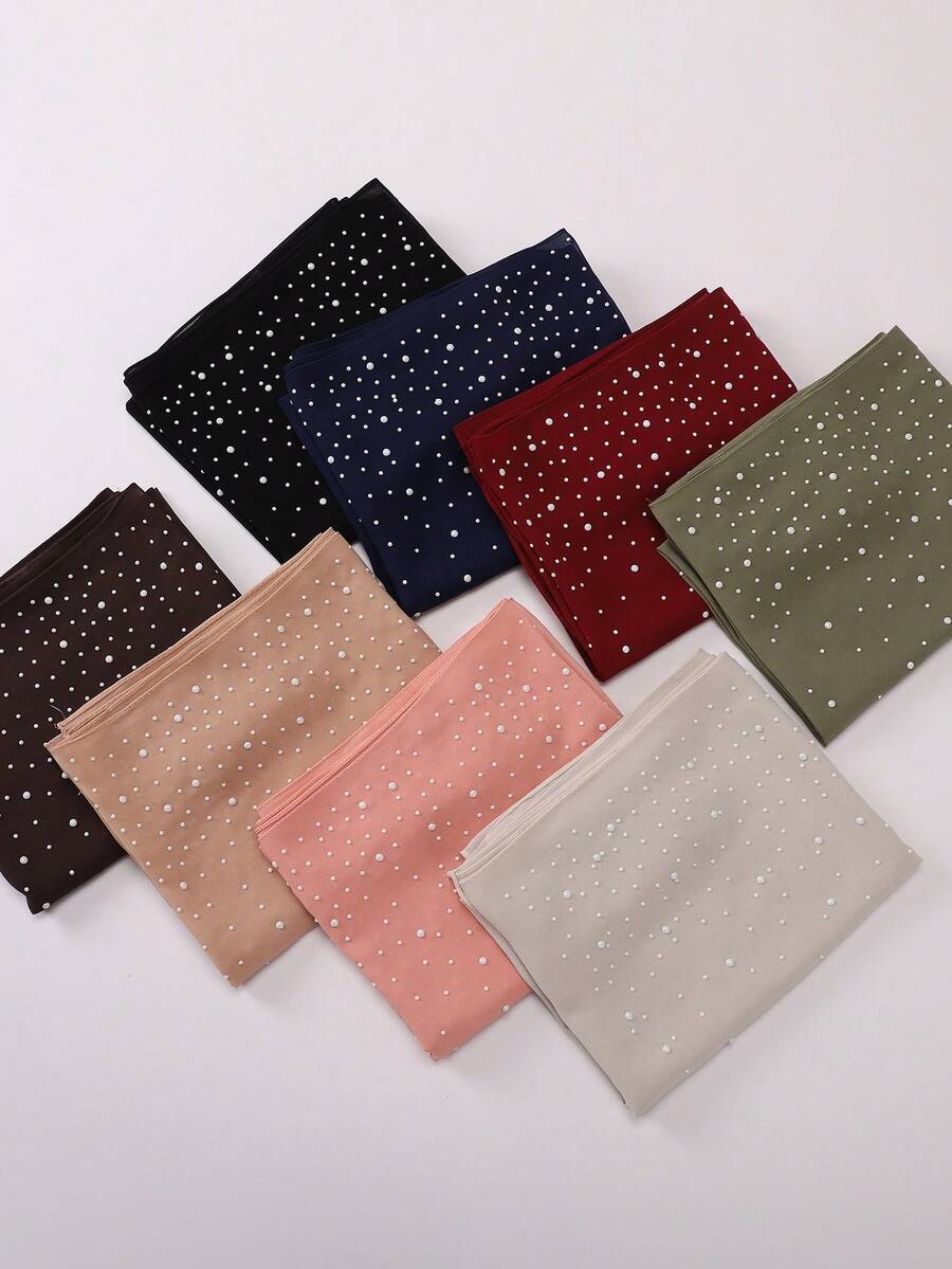 1pc New Fashion Solid Color Pearl Decorated Chiffon Muslim Hijab Scarf - Multicolor - View 1