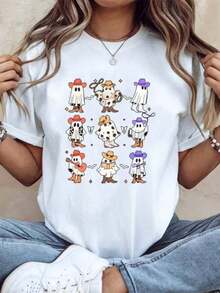 Unisex Casual Short Sleeve T-Shirt With Cartoon Octopus Character Print, Gifts For Family And Friends, Comfortable All-Season Clothing, Suitable For Home Parties, 220g, 100% Cotton, Durable - 白色 - 查看 7