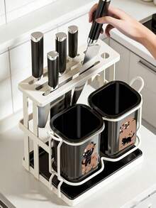 1 pieza Estante de almacenamiento de cubertería de acero al carbono resistente a la oxidación y de alta resistencia, soporte de herramientas de cocina 2 en 1 para montaje en pared y encimera con bandeja de goteo, organizador de múltiples compartimentos para cuchillos, palillos, cucharas y tenedores - Multicolor - Ver 12