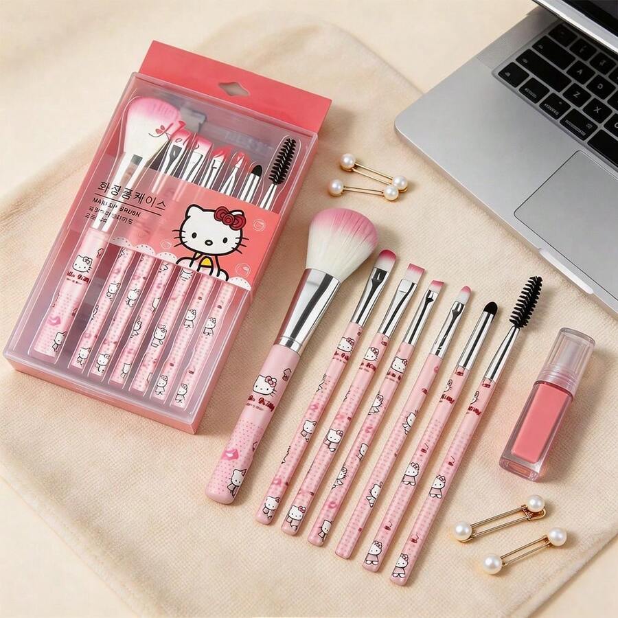 SANRIO 三丽鸥 Hello Kitty 化妆刷套装（1/3/7 件装），可爱粉色，低敏感度合成毛，适用于粉状腮红、眉毛、唇部和眼影，带收纳盒 - 完美礼物，适合婚礼、情人节、旅行、节日派对、舞会等场合。