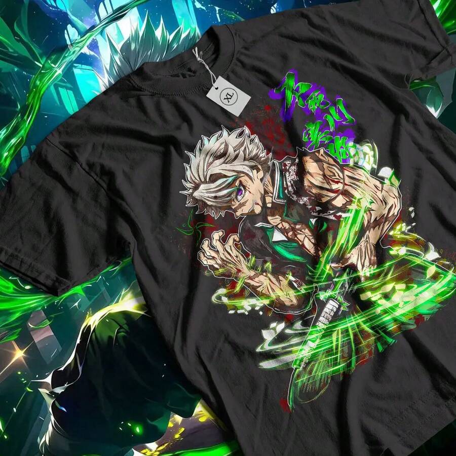Camiseta de , Hashira del Viento, estilo anime de terror. Camiseta unisex de algodón grueso de 220 g, suave y transpirable con excelente elasticidad, agradable para la piel y cómoda para usar todo el día. Diseño clásico y casual fácil de combinar, ideal para salidas diarias, estilo urbano, deportes, citas y reuniones informales durante todo el año. - Negro - Ver 1