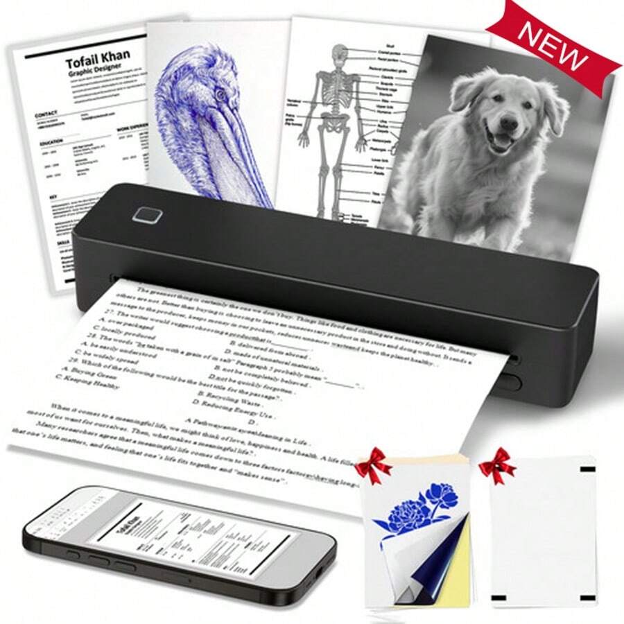 Inkless Portable Thermal Printer, Bluetooth Wireless A4 Printer With 1500mAh Battery, Supports Continuous & Single Thermal Paper, USB & Bluetooth Connection, Compatible With IOS/Android/Windows, Compact Design, Perfect For UK Business Trips, Travel - Black - View 1