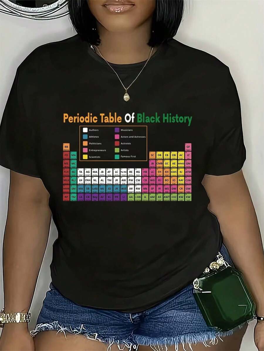 Camiseta gráfica para mujer del Mes de la Liberación de Junio con la Tabla Periódica de la Historia Negra - Diseño científico y cultural con derechos de nombres de elementos, empoderamiento educativo, camiseta casual de manga corta con cuello redondo, top lavable a máquina para todas las estaciones para el Mes de la Historia Negra - Negro - Ver 1