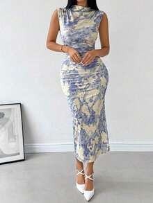 Vestido de verano midi de punto plisado con estampado floral de acuarela y abertura lateral, elegante para vacaciones y uso diario - Multicolor - Ver 7