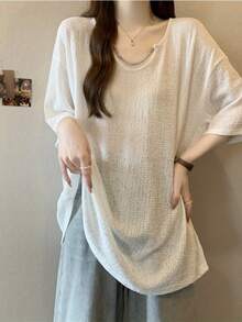 レディース Tシャツ 半袖 サマーニット チェーン付き ネックレス風 トップス カットソー ゆったり 体型カバー 着痩せ 華奢見え 二の腕カバー 透け感 シアー メッシュ素材 涼しい 薄手 無地 ブラック カジュアル モード きれいめ 大人可愛い デイリー お出かけ ワンマイルウェア 骨格ウェーブ 骨格ストレート 骨格ナチュラル ドロップショルダー オーバーサイズ 五分袖 20代 30代 40代 50代 春 夏 秋 シンプル おしゃれ 抜け感 楽ちん 重ね着 レイヤード プルオーバー - アプリコット - チェックする 4