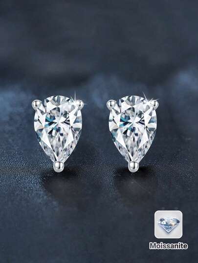 2pcs Minimalist Hiphop Style 925 Sterling Silver 1 Carat Pear Cut Moissanite Stud Earrings, Suitable For Women's Daily Wear, Party, Vacation, Unisex Earrings, Mother's Day, Birthday, Wedding Anniversary Jewelry Gift