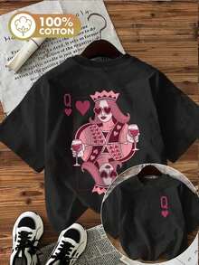 [Double-Sided Print]Women's Summer Casual T-Shirt, Modern Style, Poker Ace Print, Round Neck, Pure Cotton Short Sleeve T-Shirt[LingK]For Daily Wear, Comfortable And Skin-Friendly. - 黑色 - 查看 7