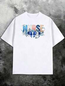 Camiseta de manga corta para mujer, camiseta casual de algodón con estampado gráfico, top de manga corta con cuello redondo suave y diseño floral de enfermera, camiseta cómoda de verano para un estilo diario. - Blanco - Ver 3