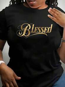 Women's Short-Sleeved T-Shirt With A Round Neck And Fun Print, Lightweight And Luxurious Style, Simple, For Parties And Holidays, Animal And Letter Print, Breathable, Vintage, Casual, Elegant Style, Cartoon Letters, Perfect Choice, Round Neck T-Shirt, Versatile Top, Everyday Comfort. - 黑色 - 查看 6