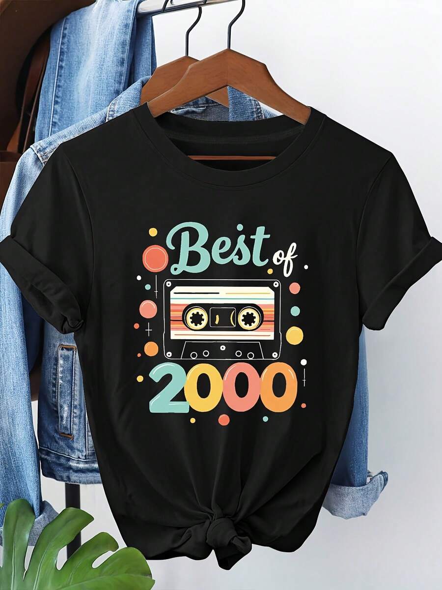 Nuevo modelo 2026,% algodón, adecuado para primavera y verano, corte holgado, ropa casual, diseño moderno, material duradero, camiseta de mujer de primavera-verano con estampado de alta calidad. Perfecta para vacaciones en la playa, viajes a la playa, campamentos de verano, ropa casual, reuniones temáticas de vacaciones, camisetas de manga corta adecuadas para el uso diario. - Negro - Ver 1