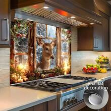 1pc 2D Flat Design Sticker Depicting A Deer In Front Of A Snowy Pine Window, Suitable For Kitchen Wall Decor. Easy To Apply, Durable PVC Material, Removable And Reusable, Flat Art Sticker, Kitchen Storage. - 1PC - View 4