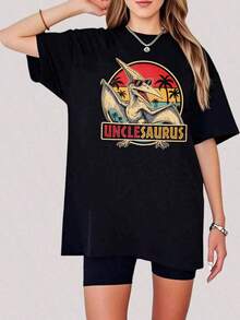 1 Unisex 180g T-Shirt, Round Neck, Loose Fit, With Retro Print Of Dinosaurs And Sunset Palm Trees, Y2K Style Inspired By And, 100% Cotton, Versatile For Summer, Festivals And Streetwear. - 黑色7 - 查看 6