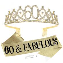 60th Birthday Decorations For Women Sparkling 60th Birthday Sash And Tiara Set With Rhinestone 60 And Pearl Pin, Golden Metallic Shine Party Accessories - 藍色 - 查看 1