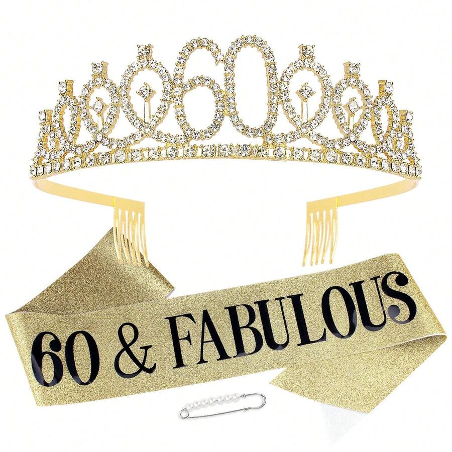 60th Birthday Decorations For Women Sparkling 60th Birthday Sash And Tiara Set With Rhinestone 60 And Pearl Pin, Golden Metallic Shine Party Accessories - 藍色 - 查看 1