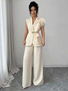 Traje formal elegante de mujer color albaricoque, conjunto de blazer con cuello de volantes de organza con lentejuelas y cintura con lazo, que incluye chaqueta sin mangas y pantalones rectos, color burdeos, adecuado para Halloween, Navidad, - Albaricoque - Ver 3