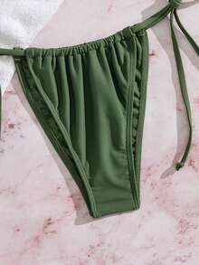 女款性感純色掛脖比基尼泳衣套裝 度假用 純色性感比基尼套裝 掛脖綁帶式上衣與側綁下褲 夏季海灘度假穿著 - 綠色 - 查看 5