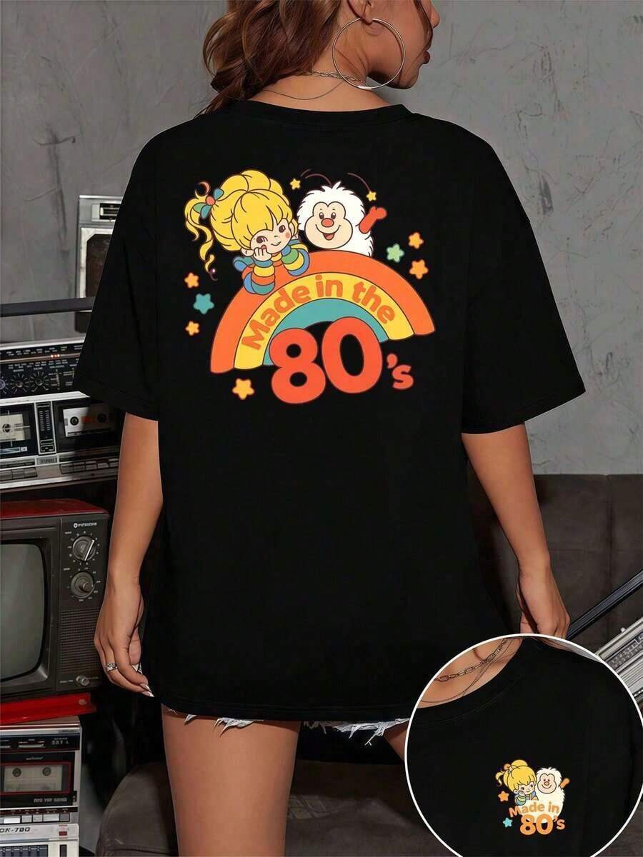 Double-Sided Print, Simple And Versatile Design, 80s Cartoon-Style Rainbow Print T-Shirt, Breathable, Easy Care, Classic Fit, Retro Style For Spring And Fall. Pure Cotton T-Shirt - Black - View 1