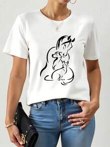 Camiseta Casual de Manga Corta para Mujer Y2K1 - Estampado de Caballo, Gato y Perro, Transpirable y Cómoda, Cuello Redondo, Ropa de Verano Estilo Granja para Amantes de los Animales, Lavable a Máquina, Regalo para Dueños de Mascotas, Tela para Todas las Temporadas con Estampado Gráfico de Baja Elasticidad, Ropa Urbana de Verano - Negro - Ver 7