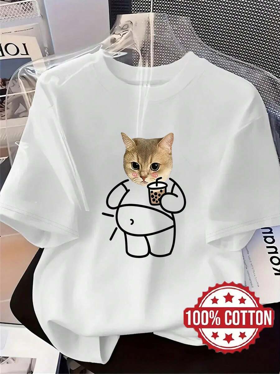 TH447 Nueva Camiseta de Mujer, Diseño Adorable de Gatito Estampado, Camiseta Estampada Casual de Moda, 100% Cuello Redondo Manga Corta, Absorbente de Sudor y Transpirable, Ropa Casual Cómoda Elegante Chic para el Hogar, Camiseta de Abrigo de Primavera Verano Otoño, Manga Corta Versátil - Blanco - Ver 1
