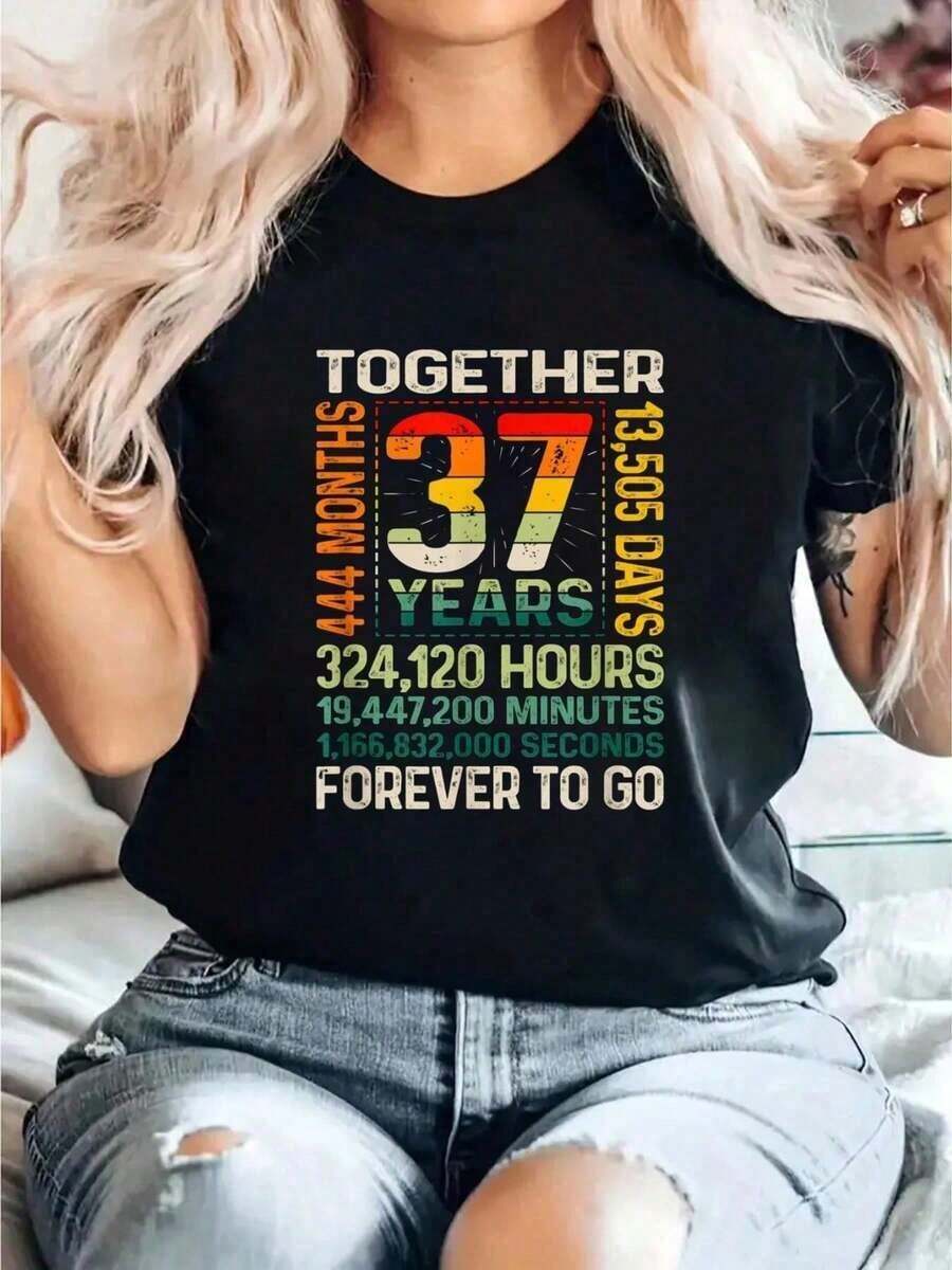 Algodón Juntos, 37 Años, Para Siempre-Camiseta Estampada Del 37.º Aniversario De Bodas, Informal, De Cuello Redondo Y Manga Corta, Cómoda Para Primavera Y Verano, Ropa De Mujer % Algodón. Blusas Para Mujer Camisa - Negro - Ver 1