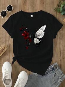 Camiseta con Estampado Gráfico, Manga Corta, Cuello Redondo, Estilo Casual para Verano y Primavera, Ropa de Mujer - Estilo Vintage Urbano, Unisex, Camiseta Holgada de Algodón con Manga Corta y Cuello Redondo - Negro - Ver 7