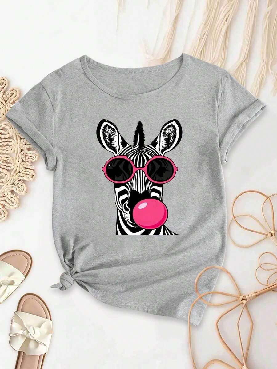 Top de manga corta con cuello redondo, elástico, lavable a máquina, suave, de corte holgado y ajustado, con estampado de cebra de dibujos animados, elegante y a la moda para fiestas, ideal como regalo para mujer. - Gris - Ver 1