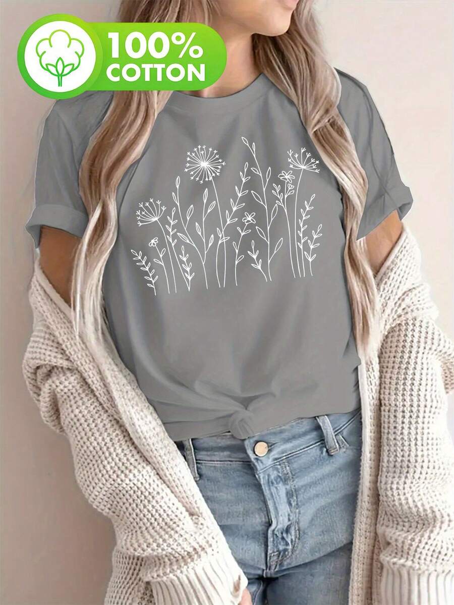 Talla Grande - Talla Grande - Camiseta Casual de Manga Corta con Cuello Redondo y Estampado Floral para Mujer - Gris - Ver 1